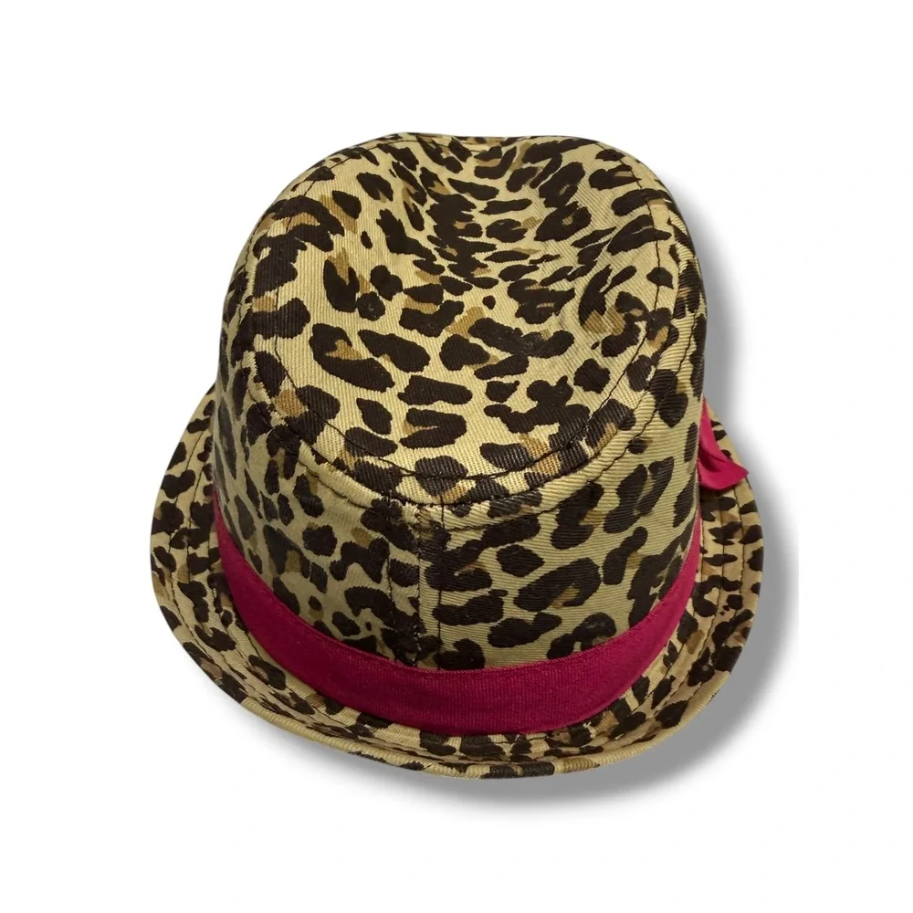 The Childrens Place Girls Leopard Print Fedora Hat Pink‎ Bow Tan Black Size 4/5